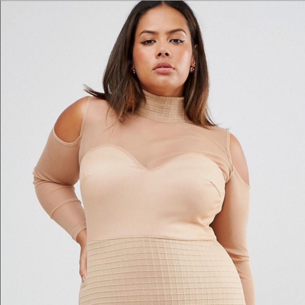 Cold Shoulder Beige Mesh Dress